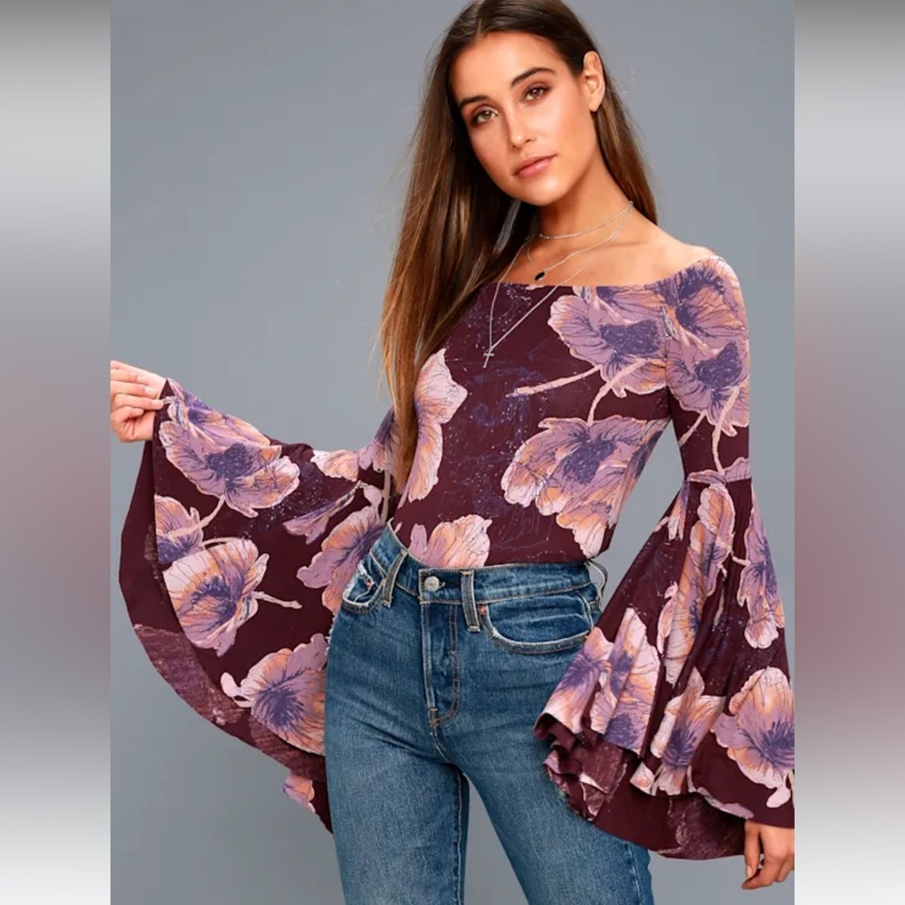 Free People Birds of Paradise Plum Purple Off the Shoulder Floral Print Top XS